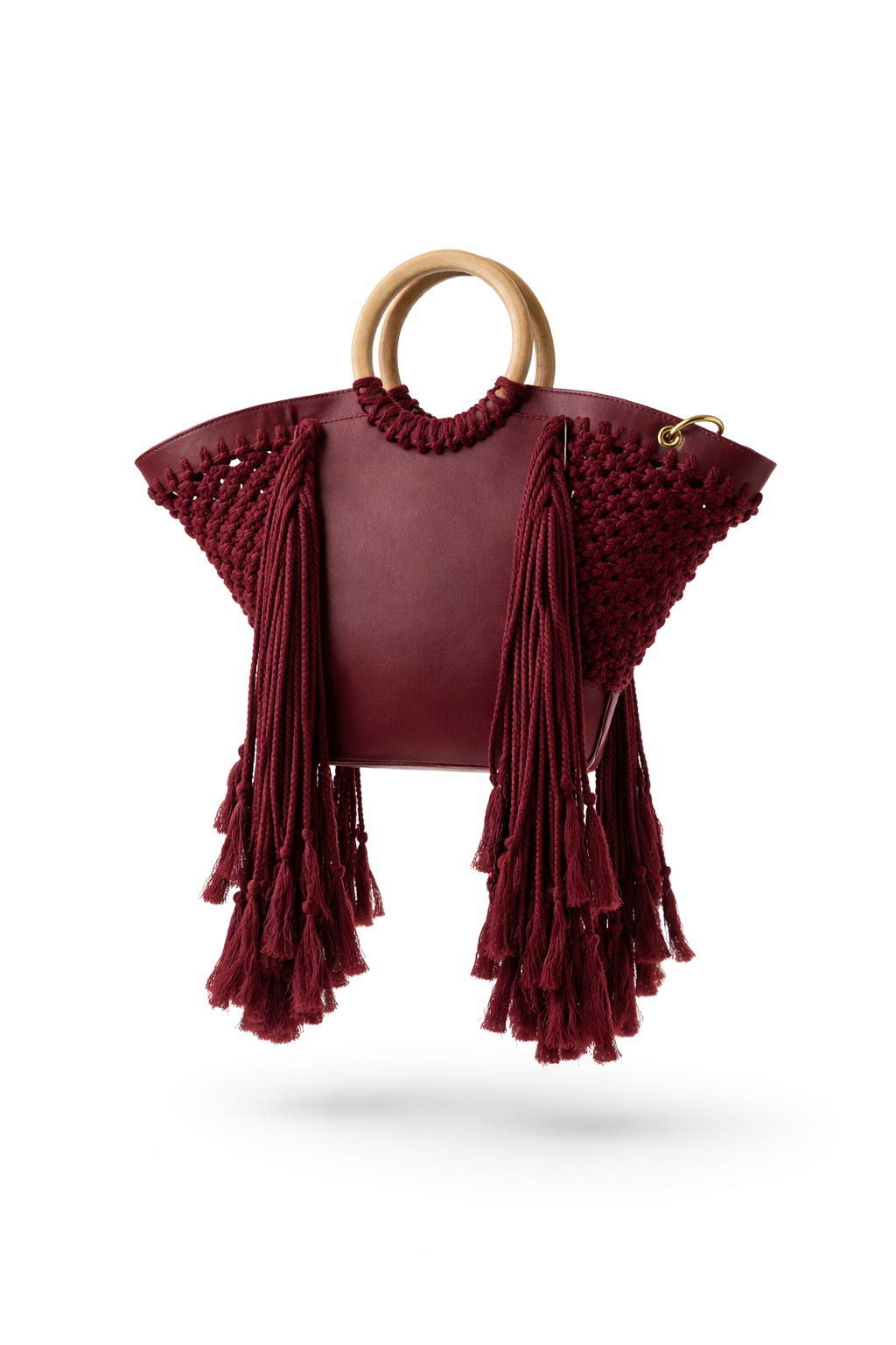 Burgundy Cascade macrame and leather bag