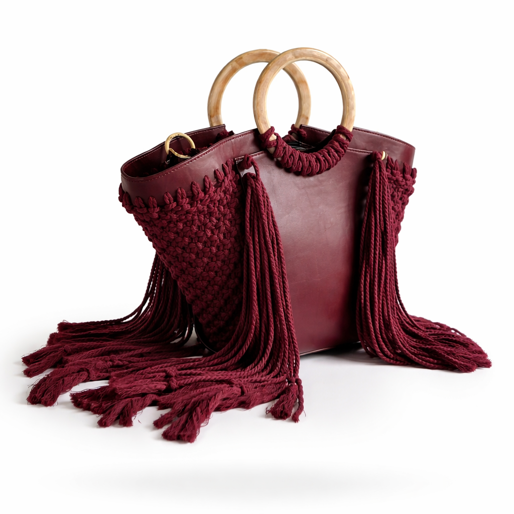 Burgundy Cascade macrame and leather bag